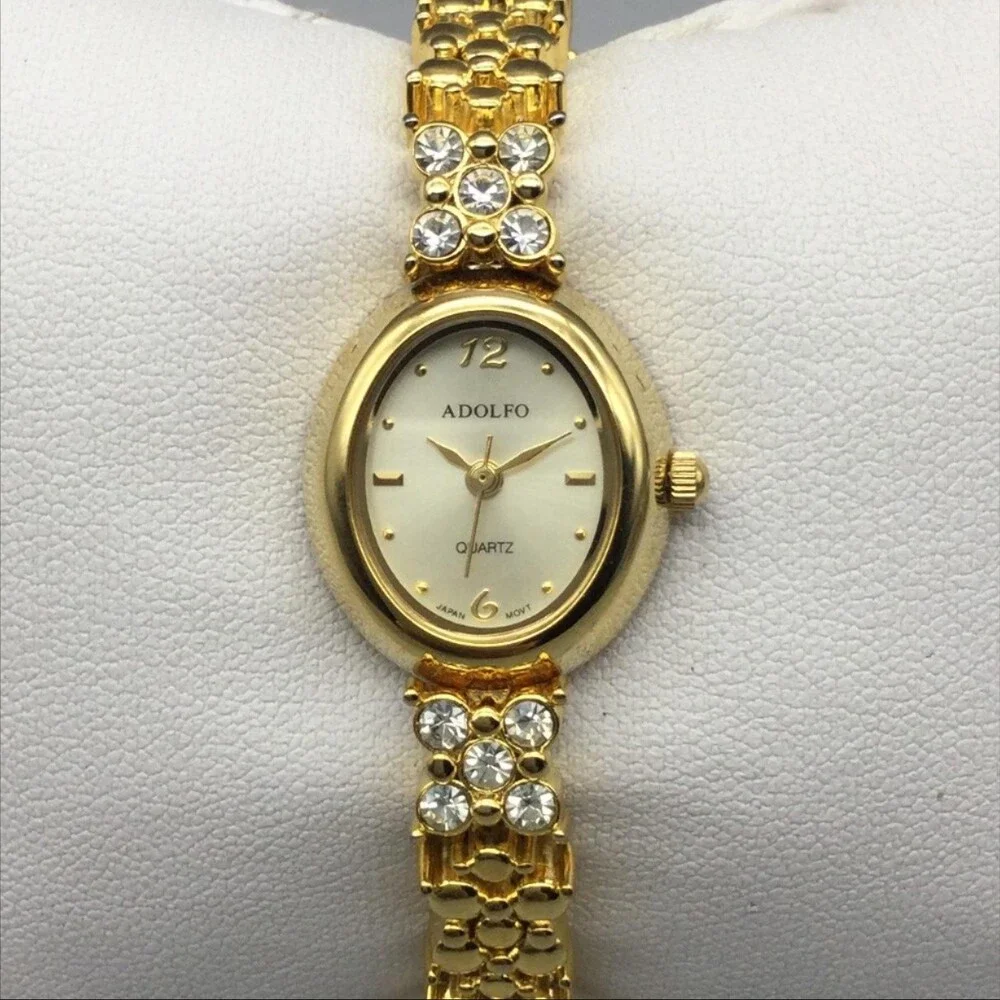 Adolfo Womens Watch 17mm Ovall Gold Tone Crystal Bracelet New Battery 6.5